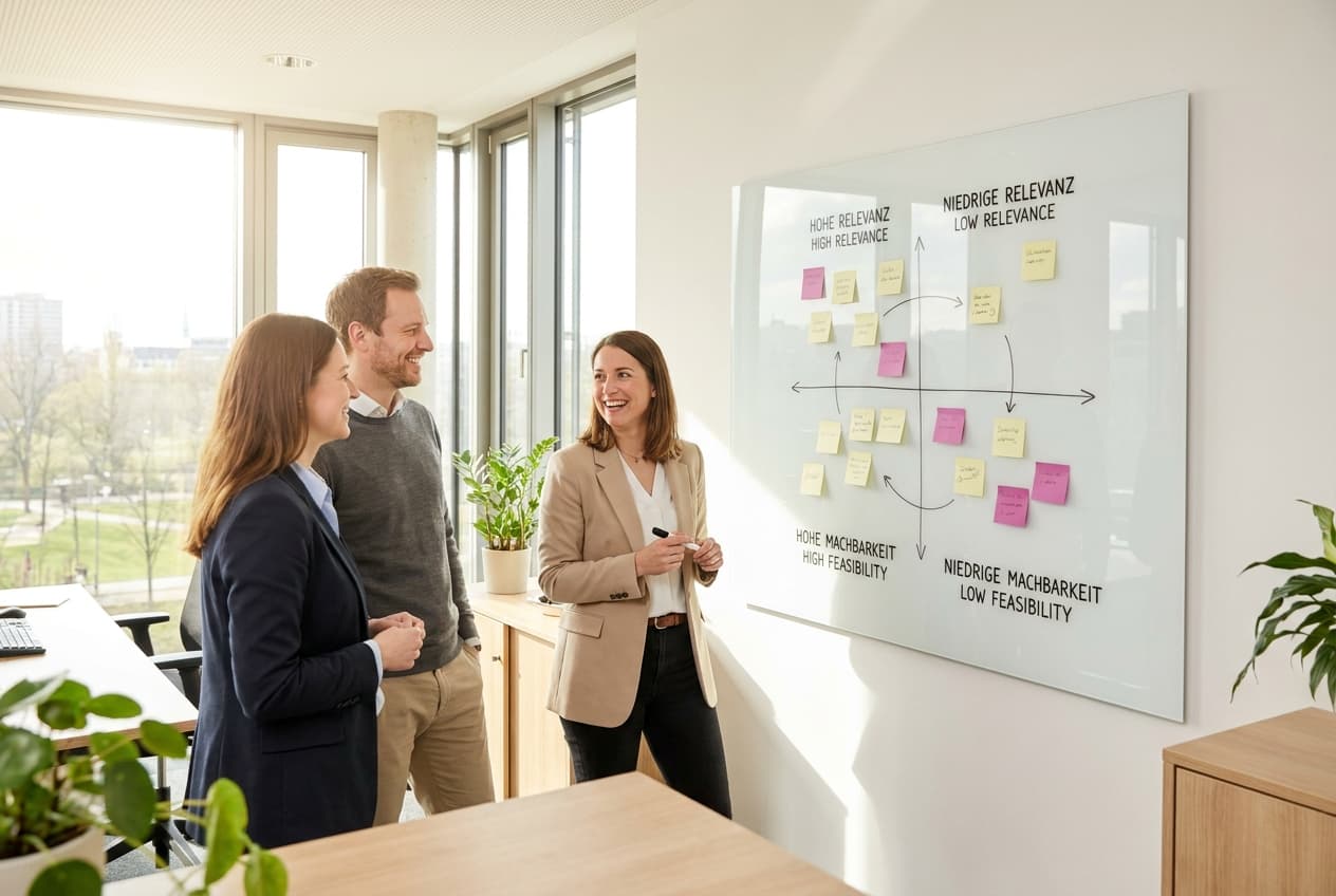 Team bespricht gemeinsam eine Impact-Effort-Matrix am hellen Whiteboard – strukturierte Priorisierung von KI-Projekten