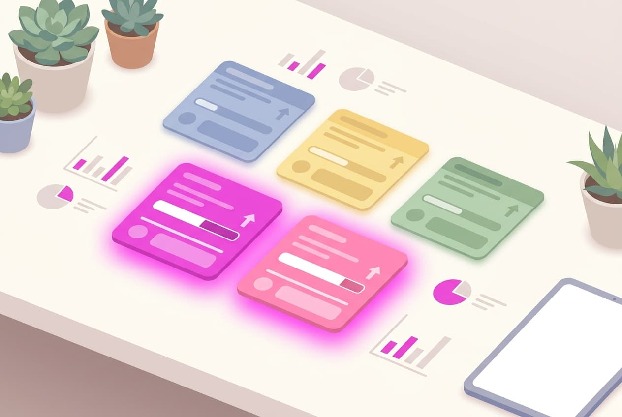 Fünf Projektkarten auf einem Schreibtisch, zwei davon mit Magenta-Highlight als priorisierte KI-Projekte