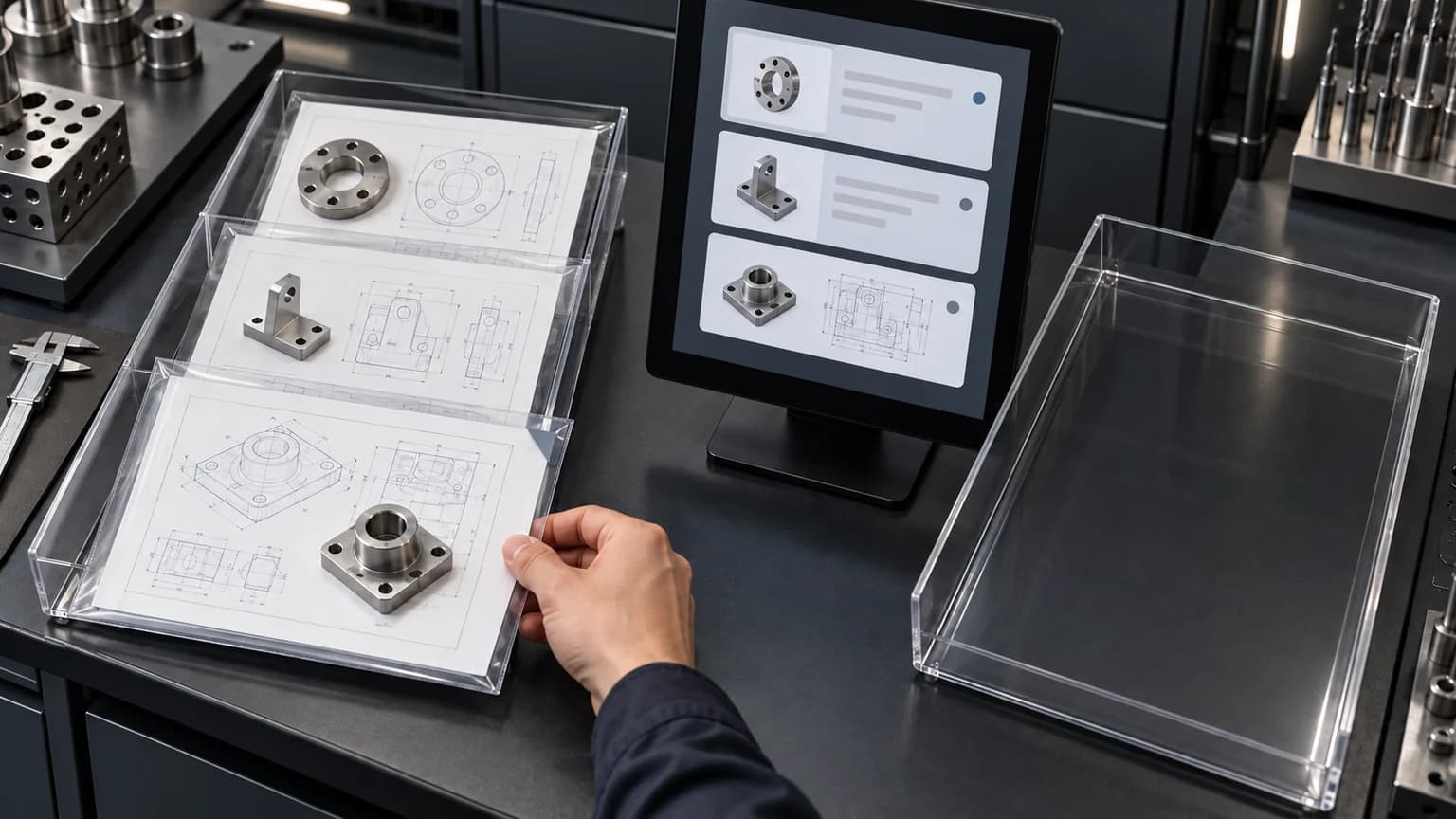 Illustration: Technische Anfragen mit Bauteilzeichnungen warten in einer Eingangsablage.