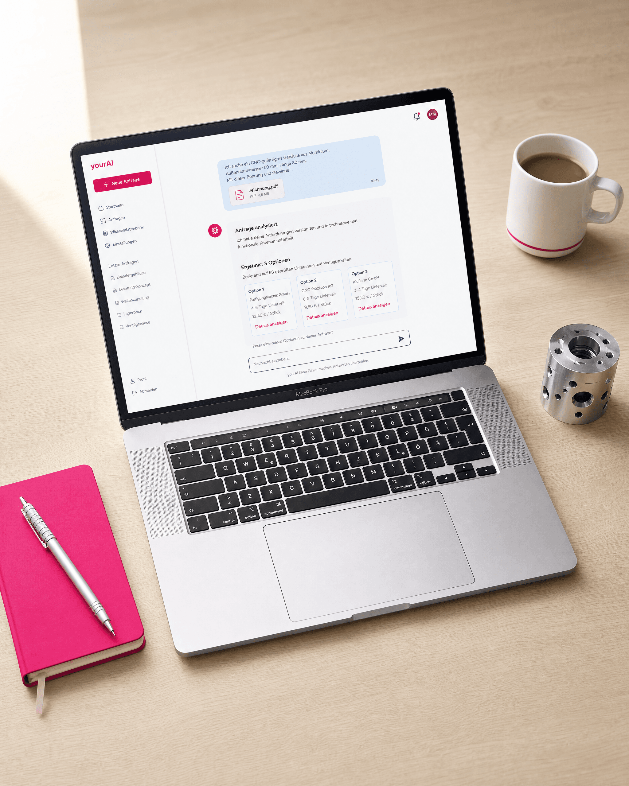 Laptop mit Auswertungs-Dashboard neben gefrästem Bauteil auf dem Schreibtisch