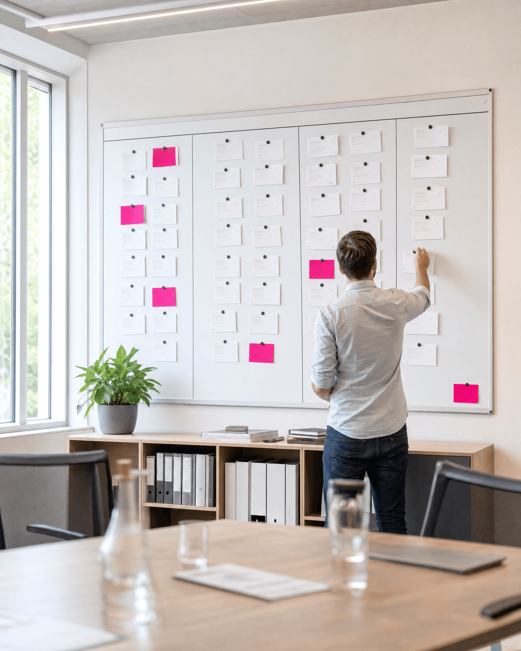 Ingenieur arbeitet am Projektboard mit Statuskarten im Projektraum