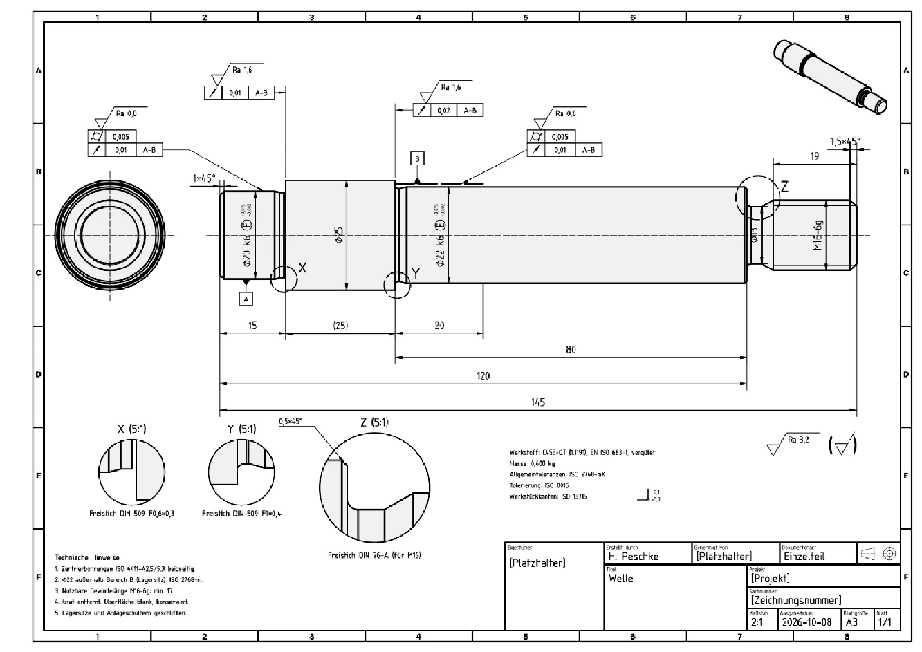 Drawing of the demonstrated shaft with main views, relief details and dimensional tolerances
